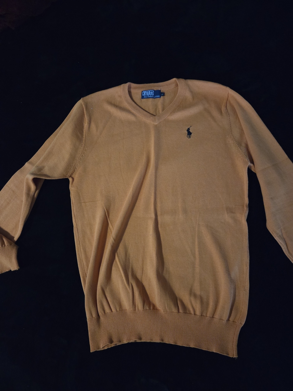 Ralph Lauren Men’s V-Neck Sweater in Camel/Tan with Navy Pony